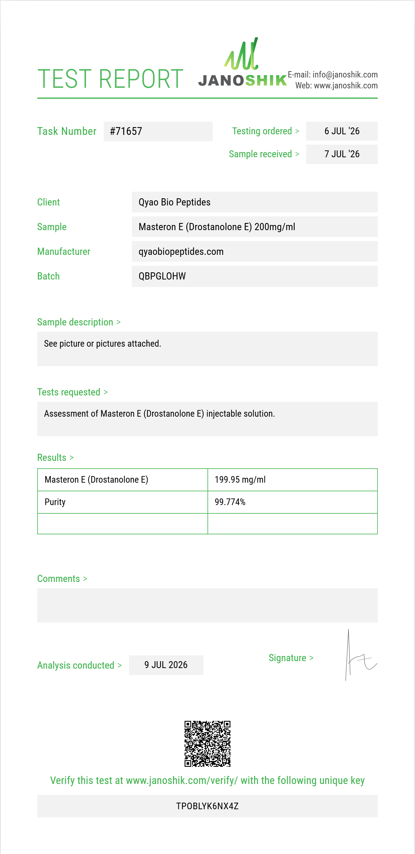 Masteron E (Drostanolone E) Purity Test Report by Medutest
