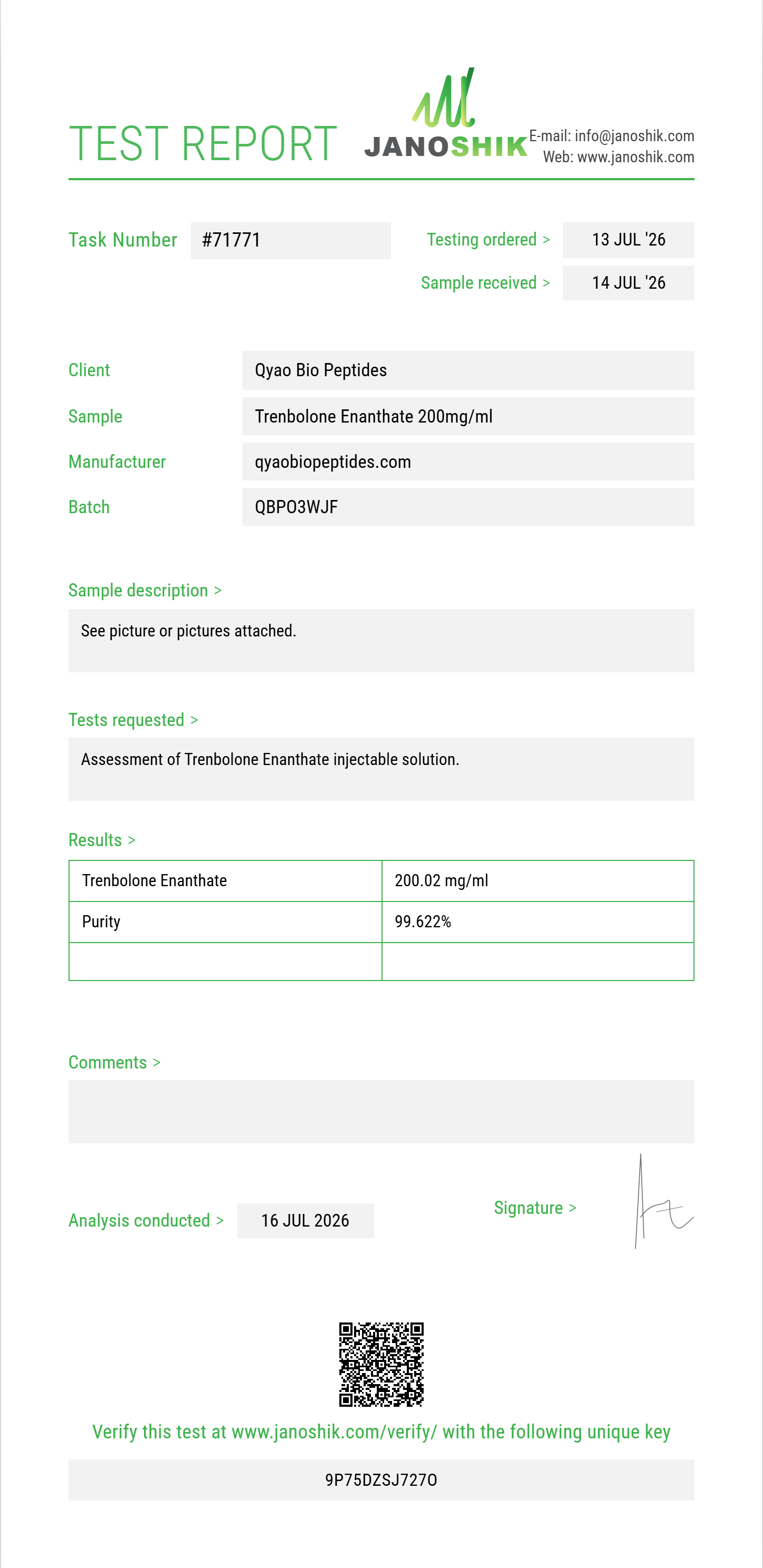 Trenbolone Enanthate Purity Test Report by Medutest