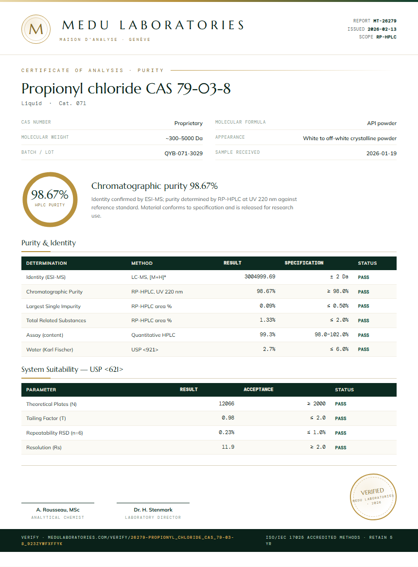 Propionyl chloride CAS 79-03-8 Purity Test Report by Medutest