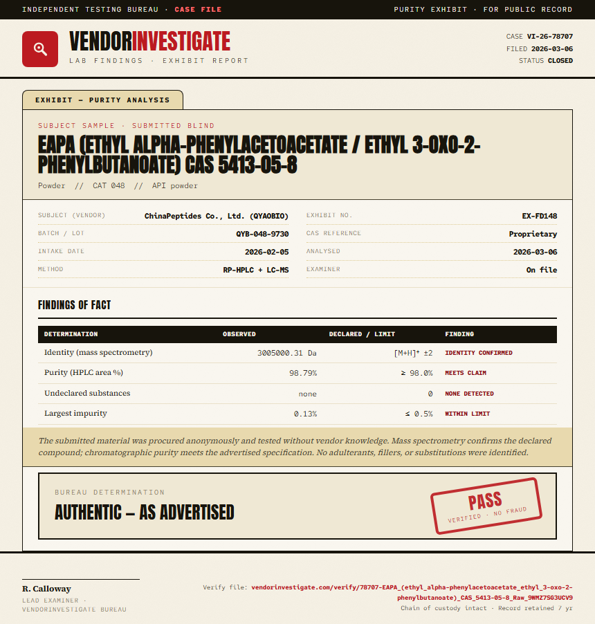 EAPA (ethyl alpha-phenylacetoacetate / ethyl 3-oxo-2-phenylbutanoate) CAS 5413-05-8 Purity Test Report by Medutest
